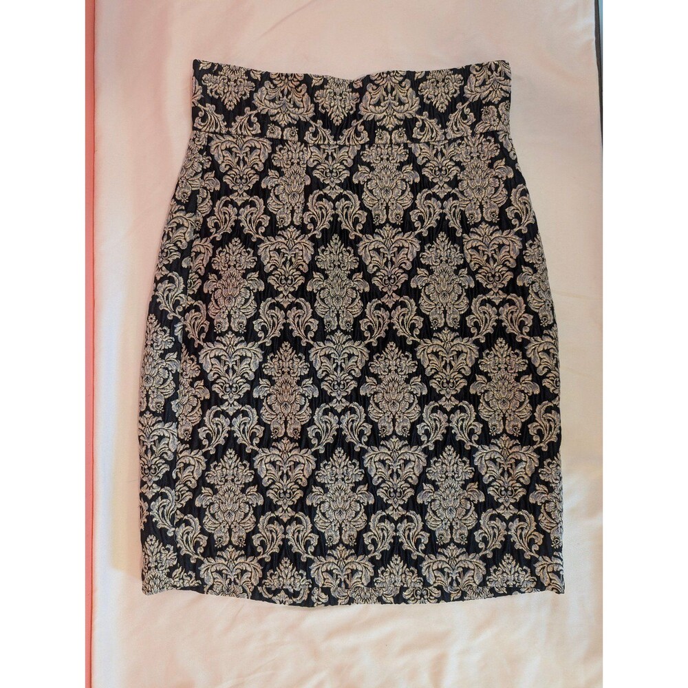 Women's Notice A-Line Damask Pattern Skirt Black Gold Size 6